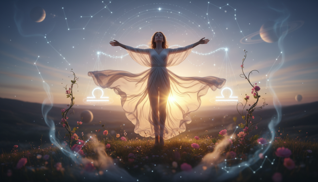 A stunning representation of "Libertad" personified as a graceful, ethereal figure with flowing garments that ripple like silk, symbolizing freedom and balance. In the foreground, the figure stands confidently on a hilltop at sunset, arms outstretched as golden light bathes her. Surround her with elements of nature intertwined with zodiac symbolism, like stars and scales, representing Libra’s duality. In the middle ground, hints of celestial bodies or zodiac constellations softly glow, enhancing the mystical atmosphere. The background features a tranquil valley under a twilight sky, where the fading light creates a serene yet slightly melancholic vibe. Use a soft-focus lens for a dreamlike quality, and capture the image from a slightly low angle to emphasize the figure's grandeur and the sense of liberation.