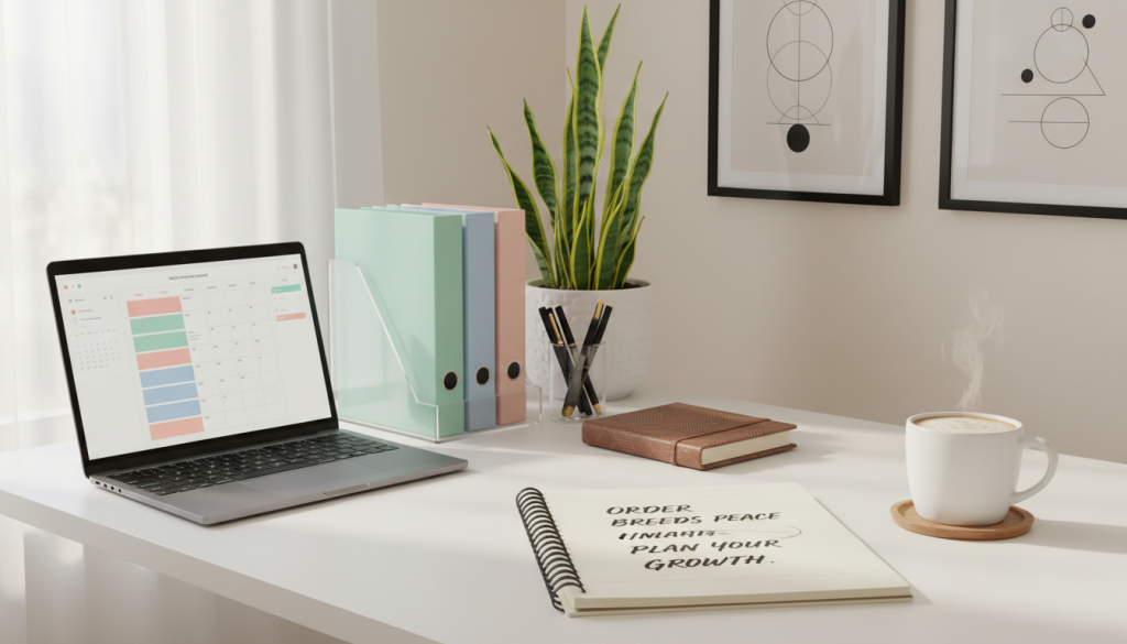 A stylish office desk arranged with neatly organized stationery: a sleek planner, color-coded folders, and a sophisticated laptop displaying a calendar. In the foreground, an open notebook filled with motivational quotes about order and planning lies next to a fresh cup of coffee. In the middle ground, a potted plant adds a touch of greenery, symbolizing growth through organization. The background features a wall with minimalist art pieces that convey balance and harmony. The lighting is soft and inviting, coming from a nearby window, creating a peaceful and inspiring atmosphere. The image captures a sense of clarity and focus, ideal for illustrating concepts of order, organization, and planning.
