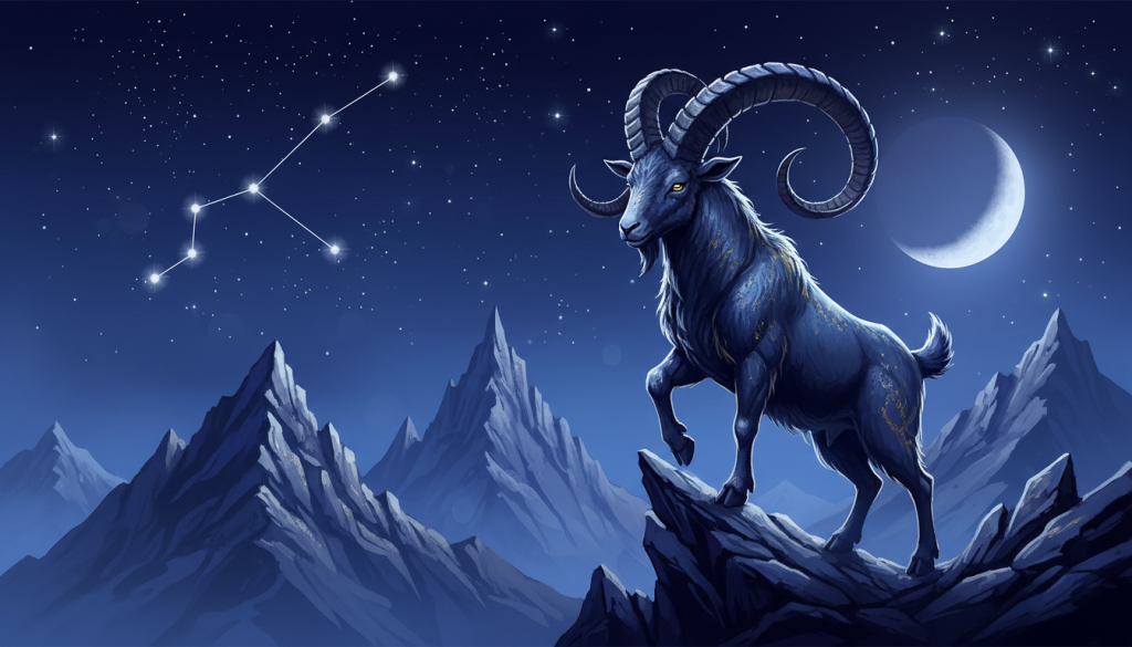 A stylized depiction of the zodiac sign Capricorn, featuring a majestic goat emerging from rocky terrain. In the foreground, the goat stands proudly, with its impressive horns curled back, symbolizing determination and resilience. The middle ground is filled with rugged mountains and a serene night sky filled with stars, creating an atmosphere of mystery and depth. The background showcases a faint outline of the Capricorn constellation shimmering brightly, enhancing the celestial theme. The scene is illuminated by soft, ethereal moonlight, casting gentle shadows across the rocky landscape. The overall mood should reflect contemplation and introspection, inviting viewers to ponder the complexities of the Capricorn persona. A stylized depiction of the zodiac sign Capricorn, featuring a majestic goat emerging from rocky terrain. In the foreground, the goat stands proudly, with its impressive horns curled back, symbolizing determination and resilience. The middle ground is filled with rugged mountains and a serene night sky filled with stars, creating an atmosphere of mystery and depth. The background showcases a faint outline of the Capricorn constellation shimmering brightly, enhancing the celestial theme. The scene is illuminated by soft, ethereal moonlight, casting gentle shadows across the rocky landscape. The overall mood should reflect contemplation and introspection, inviting viewers to ponder the complexities of the Capricorn persona.