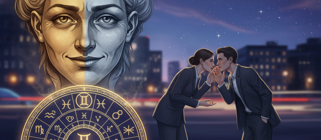 A stylized representation of a Gemini zodiac sign, featuring one half of a face showing a charming smile and the other half with a contemplative expression, symbolizing duality and conflict. The foreground includes a beautifully detailed astrological chart with the Gemini sign highlighted. In the middle ground, two elegant individuals in smart casual attire converse closely, their body language hinting at secrecy and intrigue. The background is a softly blurred, dimly lit urban setting, reflecting a moody atmosphere with subtle hints of a starry night sky. Soft, ethereal lighting creates an enigmatic feel, emphasizing the theme of duality and the complexity of loyalty associated with Geminis.