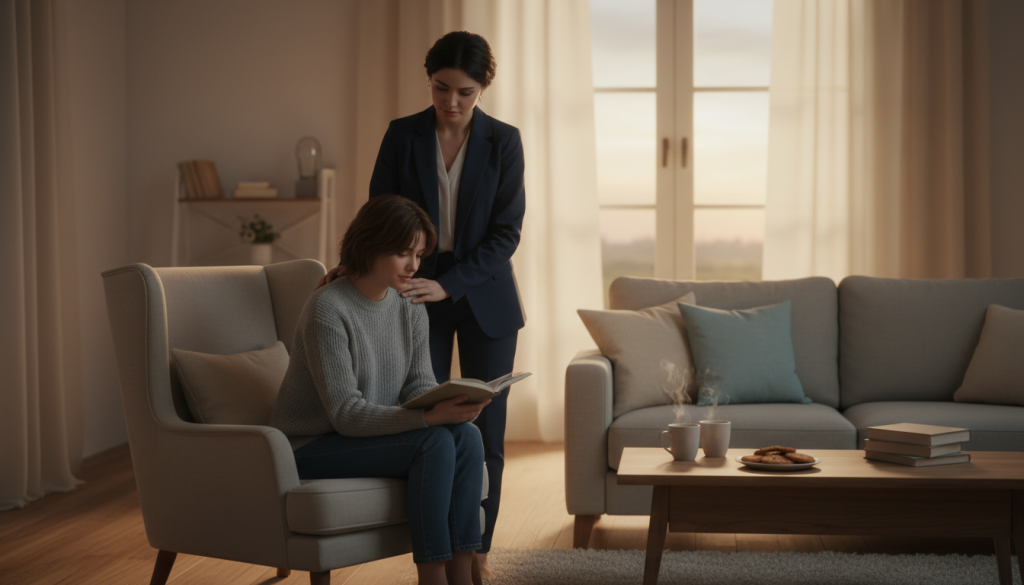 A supportive scene depicting a Capricorn friend offering practical help in challenging times. In the foreground, a young adult in professional attire stands confidently, offering a reassuring hand to another friend sitting down, appearing contemplative yet grateful. The middle ground features a cozy, warmly lit living room setting, with soft cushions and calming colors that evoke comfort. In the background, a window shows a gentle evening light filtering in, creating a soothing atmosphere. The overall mood is one of empathy and solidarity, highlighting the Capricorn's nurturing traits. The composition focuses on human connection, emphasizing the importance of support during tough moments.