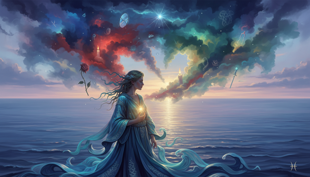 A surreal and emotive representation of "emotional triggers" highlighted in a dreamy, abstract landscape. In the foreground, a figure embodying the essence of Pisces stands with a thoughtful expression, dressed in soft, flowing garments that reflect the sea. The middle ground features swirling clouds of color symbolizing different emotions - blues for sadness, reds for anger, and greens for confusion - merging together. The background showcases a tranquil, ethereal sea beneath a twilight sky, casting soft reflections of light. Utilize warm and cool tones to create contrast, using soft lighting to enhance the dreamy atmosphere. The angle should suggest depth, drawing the viewer into the figure's internal world, inviting contemplation and reflection. The overall mood should be introspective and serene, capturing the complexity of emotional experiences.