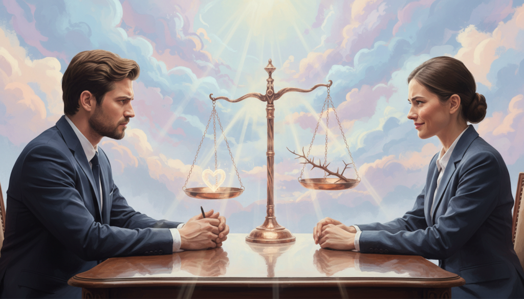 A surreal artistic representation of friendship challenges with a Libra theme. In the foreground, depict two individuals dressed in professional business attire, engaged in a thoughtful conversation, their expressions reflecting conflict and understanding. The middle ground features a symbolic balance scale, representing Libra's dual nature, surrounded by shadows and faint light to emphasize the complexity of their relationship. In the background, gentle swirls of soft blue and pastel hues create a dreamy atmosphere, symbolizing superficial connections. The lighting is soft and diffuse, casting subtle reflections to enhance the mood, suggesting both warmth and tension. The scene should convey a sense of introspection and emotional depth, encapsulating the intricate dynamics of friendships with a Libra individual. A surreal artistic representation of friendship challenges with a Libra theme. In the foreground, depict two individuals dressed in professional business attire, engaged in a thoughtful conversation, their expressions reflecting conflict and understanding. The middle ground features a symbolic balance scale, representing Libra's dual nature, surrounded by shadows and faint light to emphasize the complexity of their relationship. In the background, gentle swirls of soft blue and pastel hues create a dreamy atmosphere, symbolizing superficial connections. The lighting is soft and diffuse, casting subtle reflections to enhance the mood, suggesting both warmth and tension. The scene should convey a sense of introspection and emotional depth, encapsulating the intricate dynamics of friendships with a Libra individual.