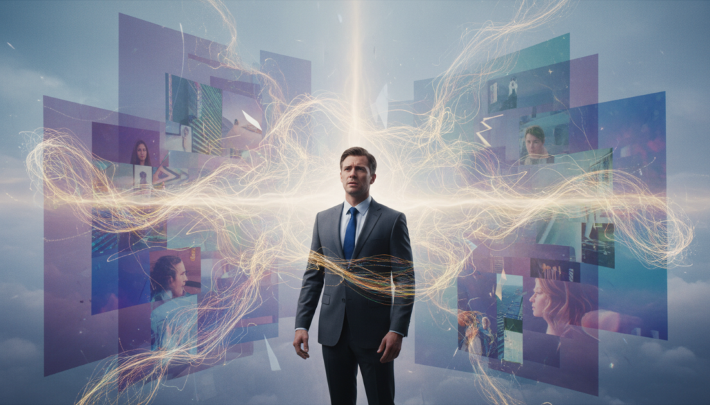 A surreal, ethereal scene depicting a shimmering light gently distorting, creating mesmerizing patterns in mid-air. In the foreground, a figure dressed in professional business attire stands contemplatively, their face expressing a mix of uncertainty and yearning. The light refracts through translucent layers of color around them, symbolizing ego and insecurity. In the middle ground, reflections of distorted shapes and silhouettes suggest the pressure of societal expectations and validation. The background fades into soft, muted tones of blues and purples, evoking a sense of introspection and emotional depth. The lighting is soft yet striking, with a dreamy ambiance, as if caught in a moment of self-reflection. The overall mood is contemplative and introspective, inviting the viewer to explore themes of inner turmoil and clarity.