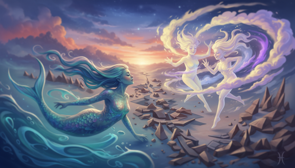 A surreal illustration featuring two ethereal figures representing Pisces and Gemini. In the foreground, the Pisces figure, a graceful and fluid character swimming through water, has flowing, iridescent scales that shimmer in shades of blue and green, symbolizing emotional depth. In contrast, the Gemini figure, embodying duality, is depicted as two playful, air-like figures with lively expressions and vibrant colors such as yellows and purples, surrounded by swirling clouds. The middle ground showcases an abstract landscape of shifting terrains, representing indecision and constant change. The background features a twilight sky, casting a mystical glow and enhancing the atmosphere of friction. Soft lighting highlights the details, while a slight blur creates a dreamy effect, emphasizing the tension between the two signs.