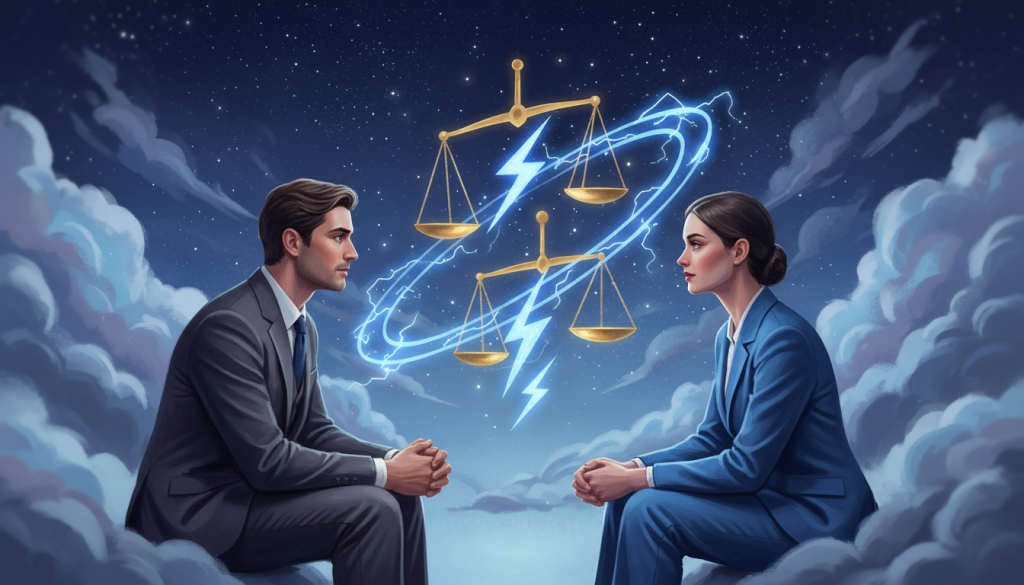A surreal illustration showcasing the mental connection between the zodiac signs Libra and Aquarius. In the foreground, two human figures, a Libra man and an Aquarius woman, are seated opposite each other, both wearing elegant and modern business attire, their bodies leaning slightly forward as if engaged in deep conversation. In the middle, ethereal symbols of balance and intellect, like scales and lightning bolts, intertwine around them, representing their connection and tension. The background features a night sky filled with twinkling stars and abstract representations of clouds, conveying a sense of tranquility yet underlying emotional coldness. Soft, diffused lighting highlights their expressions, capturing a blend of fascination and detachment, while a soft focus lens creates an intimate atmosphere. The overall mood is both captivating and contemplative, inviting viewers to reflect on the complexities of their relationship.
