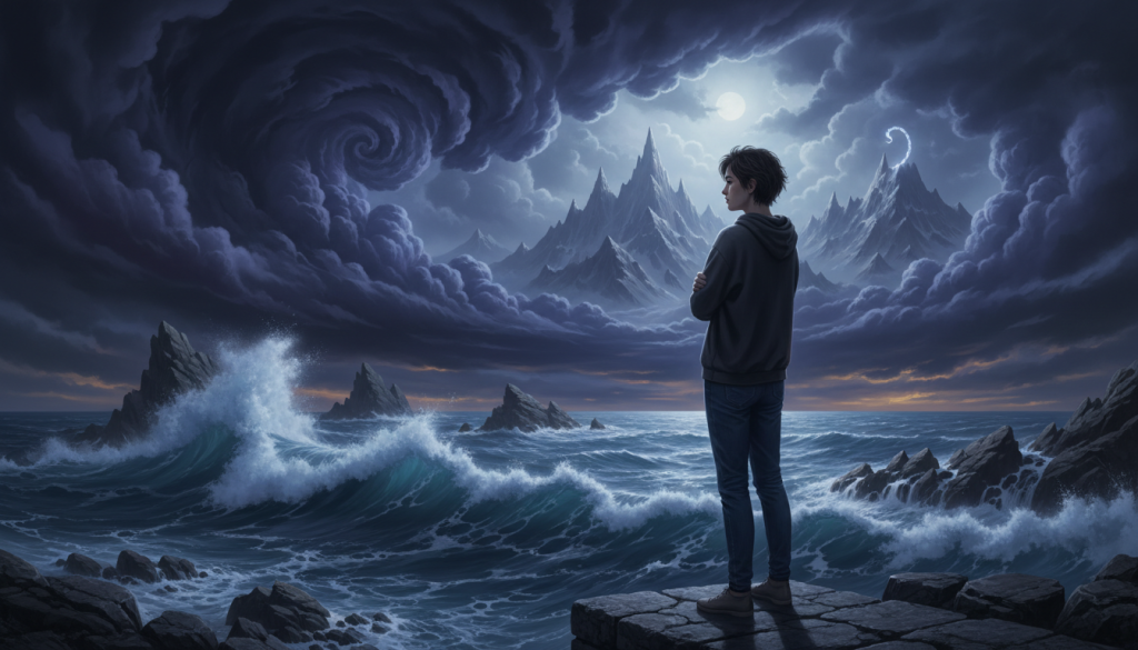 A surreal representation of the emotional landscape of a Scorpio going through heartbreak. In the foreground, a lone figure dressed in modest casual attire stands with a contemplative expression, gazing out over a tumultuous sea symbolizing emotional turmoil. The middle ground features swirling clouds in deep shades of violet and midnight blue, reflecting inner conflict and intensity. In the background, a jagged landscape under a stormy sky echoes the struggle with feelings of loss and transformation. Soft, ambient lighting illuminates the scene, casting a dramatic contrast between shadows and highlights, enhancing the mood of introspection and resilience. The overall atmosphere is one of deep emotional exploration, capturing the essence of healing and personal growth. A surreal representation of the emotional landscape of a Scorpio going through heartbreak. In the foreground, a lone figure dressed in modest casual attire stands with a contemplative expression, gazing out over a tumultuous sea symbolizing emotional turmoil. The middle ground features swirling clouds in deep shades of violet and midnight blue, reflecting inner conflict and intensity. In the background, a jagged landscape under a stormy sky echoes the struggle with feelings of loss and transformation. Soft, ambient lighting illuminates the scene, casting a dramatic contrast between shadows and highlights, enhancing the mood of introspection and resilience. The overall atmosphere is one of deep emotional exploration, capturing the essence of healing and personal growth.