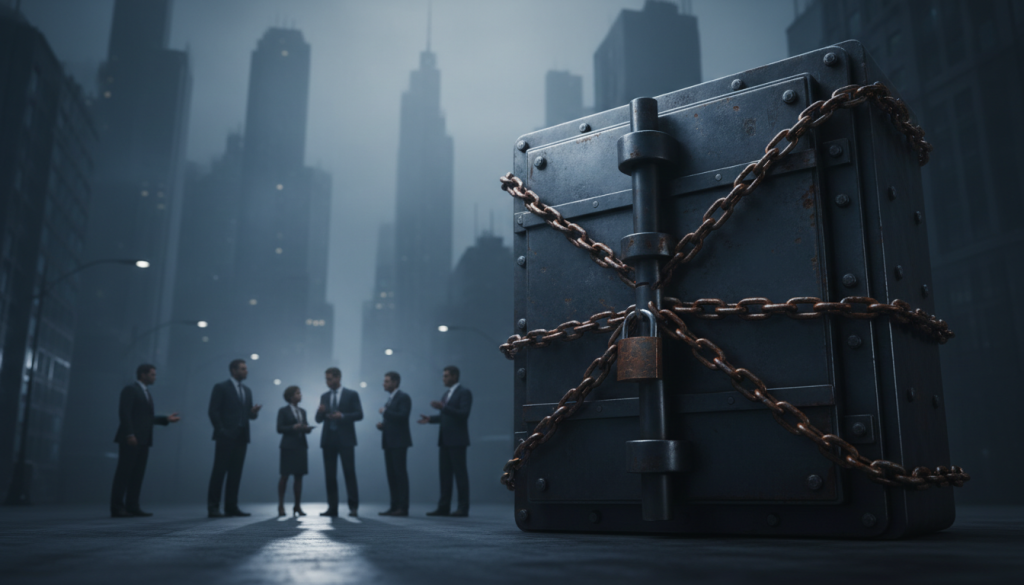 A symbolic representation of "embargo" illustrated through a dramatic scene. In the foreground, a closed vault with heavy chains symbolizes restraint and restriction, glinting under soft, moody lighting. In the middle ground, shadows of people in professional business attire gather, depicted in tense conversation, their expressions reflecting a mix of determination and uncertainty, hinting at underlying motives. The background features a dimly lit, abstract cityscape, shrouded in fog and darkness, representing isolation and desperation. The atmosphere is charged, thick with tension, emphasizing the theme of vengeance as a necessary evil. A low-angle shot captures the vault towering over the figures, enhancing the feeling of intimidation and the weight of unresolved conflict. A symbolic representation of "embargo" illustrated through a dramatic scene. In the foreground, a closed vault with heavy chains symbolizes restraint and restriction, glinting under soft, moody lighting. In the middle ground, shadows of people in professional business attire gather, depicted in tense conversation, their expressions reflecting a mix of determination and uncertainty, hinting at underlying motives. The background features a dimly lit, abstract cityscape, shrouded in fog and darkness, representing isolation and desperation. The atmosphere is charged, thick with tension, emphasizing the theme of vengeance as a necessary evil. A low-angle shot captures the vault towering over the figures, enhancing the feeling of intimidation and the weight of unresolved conflict.