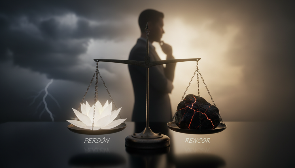 A symbolic representation of "perdón rencor", featuring a serene and reflective scene. In the foreground, a balanced scale stands on a smooth, dark surface, with one side holding a fragile, blooming white flower symbolizing forgiveness, while the other side holds a jagged, cracked stone representing resentment. The middle ground includes a misty silhouette of a person in professional attire with a contemplative expression, standing against a softly blurred backdrop of dark, stormy skies slowly giving way to soft, golden light, suggesting hope and resolution. The lighting is dramatic yet calming, casting gentle shadows that enhance the emotional depth of the scene. The overall mood conveys tension between bitterness and tranquility, inviting viewers to reflect on the themes of forgiveness and grudges.