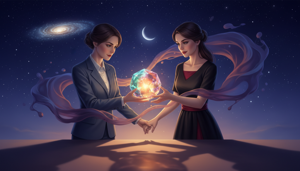 A symbolic representation of the bond between Virgo and Scorpio, focusing on intensity, trust, and deep commitment. In the foreground, a Virgo figure, dressed in professional attire, carefully holds a glowing crystal that represents analytical thought and nurturing energy, embodying Virgo's detail-oriented nature. Beside them, a Scorpio figure, in elegant but modest attire, emanates an aura of mystery and depth, gazing intently at the crystal, symbolizing passion and emotional strength. In the middle ground, soft abstract shapes blend, hinting at their dynamic connection, and the background features a night sky filled with stars, creating a calm but electric atmosphere. The lighting is warm and dramatic, casting shadows that evoke a sense of trust and intimacy, shot from a slightly elevated angle to emphasize the figures' interaction.