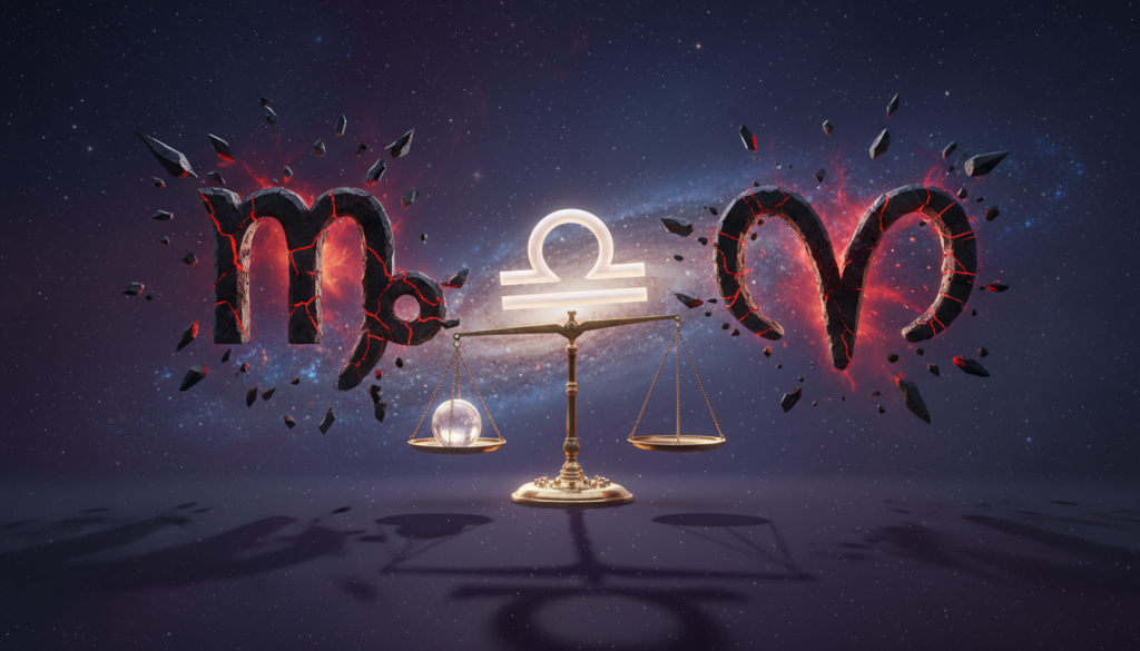 A symbolic representation of the zodiac sign Libra surrounded by contrasting astrological signs that signify difficult pairings, such as Capricorn and Aries. In the foreground, depict the Libra symbol elegantly balanced on a set of scales, emphasizing fairness and harmony. In the middle ground, position the stark symbols of Capricorn and Aries, representing tension and conflict, depicted in bold colors like red and black. The background features a cosmic-themed setting with twinkling stars and constellations, creating a mystical atmosphere. Use soft, ambient lighting to enhance the ethereal quality of the scene, capturing a sense of imbalance. The overall mood should convey a feeling of challenge and contrast between the harmonious Libra and the more tumultuous signs. Ensure all symbols are artistically rendered without any text or additional elements.