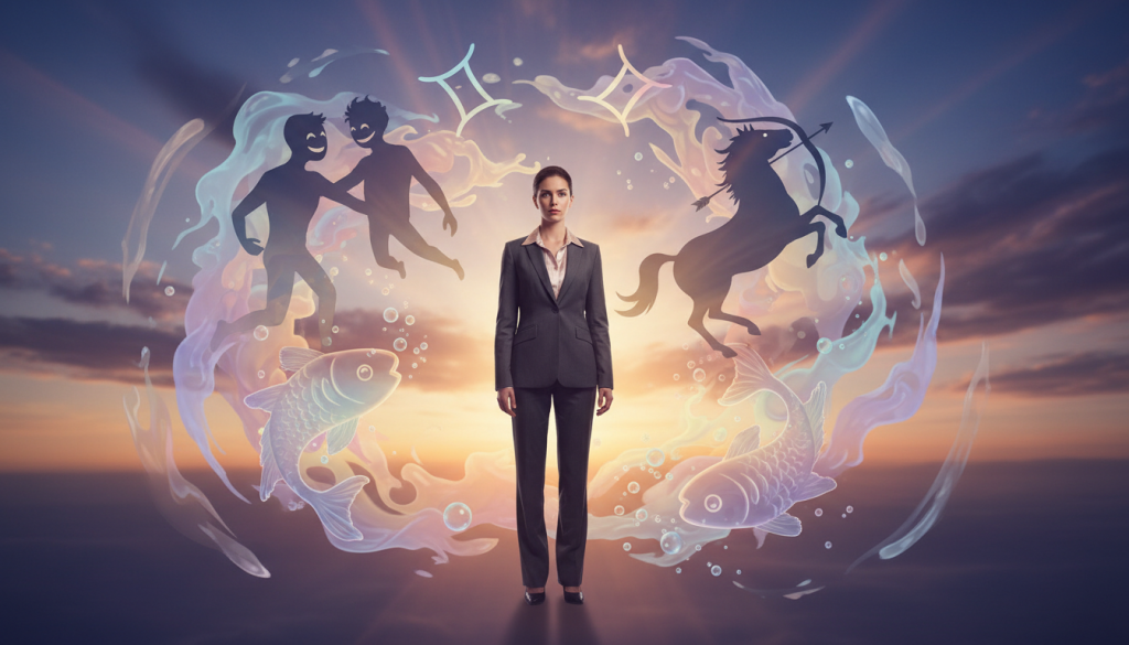 A symbolic representation of the zodiac signs related to infidelity, focusing on a vibrant composition featuring Capricorn, illustrated as a determined figure standing firm amidst swirling, ethereal representations of other zodiac signs like Gemini, Sagittarius, and Pisces, depicted as alluring but mischievous silhouettes. In the foreground, Capricorn is dressed in elegant business attire, radiating confidence. The middle layer showcases the swirling signs in soft pastels, creating a dichotomy of temptation versus loyalty. In the background, a twilight sky casts a warm glow, enhancing the emotional tension between fidelity and temptation. The lighting is soft and dramatic, creating a compelling and introspective mood, inviting viewers to reflect on the complexities of zodiac traits. The angle is slightly above eye level, emphasizing the struggle between the signs.