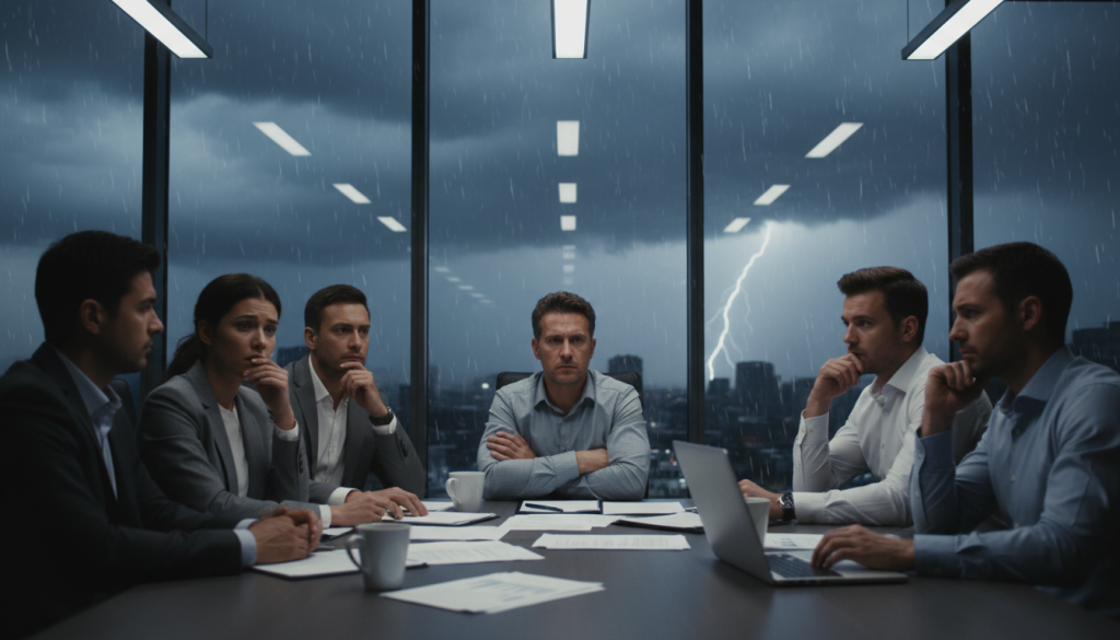 A tense meeting room depicted in the foreground, featuring a diverse group of professionals in business attire, each exhibiting various emotional expressions—some appearing anxious, others defensively crossed-armed, and a few in deep thought. The middle layer showcases a large conference table cluttered with documents and laptops, illuminated by harsh overhead lighting that casts stark shadows, enhancing the sense of unease. In the background, a glass window reveals a stormy sky, symbolizing internal conflict, while rain streaks down the glass, further emphasizing the emotional tension within the room. The atmosphere is charged with an impending confrontation, capturing the essence of avoiding conflict as a recurring theme. Use a slightly blurred lens effect to focus on the emotions in the foreground while maintaining a clear view of the stormy backdrop.