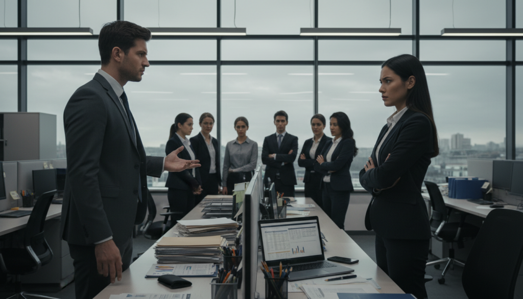 A tense office environment illustrating workplace conflicts. In the foreground, two professionals, a man and a woman in smart business attire, stand facing each other with furrowed brows, their body language indicating disagreement. The middle ground shows a cluttered desk with papers and a laptop, as well as a window revealing a cloudy sky, suggesting an overcast atmosphere. In the background, a group of coworkers watches the interaction, their expressions concerned and curious. The lighting is soft yet dramatic, with shadows cast by overhead fluorescent lights, heightening the sense of tension. The overall mood conveys the complexity of resolving professional conflicts, encapsulating the emotional intensity of the situation.