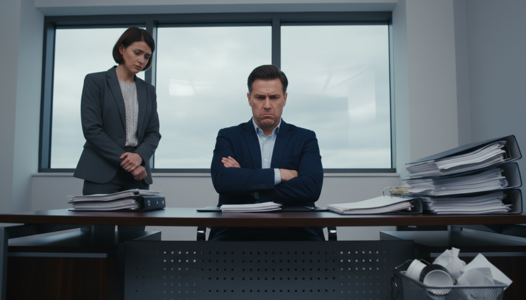 A tense office scene depicting workplace resentment, featuring a Capricorn manager sitting at a sleek modern desk, arms crossed with a frustrated expression, in a contemporary office environment. In the foreground, a colleague stands nearby, looking anxious, dressed in professional attire, with a worried look on their face. The middle ground shows a cluttered workspace, various documents spread out, and an overflowing wastebasket, emphasizing the chaotic atmosphere. The background features a large window revealing a cloudy sky, casting a dim light into the room. Utilize a slightly low angle to capture the intensity of the Capricorn's demeanor and create a dramatic effect, enhancing the mood of tension and unresolved conflict. The lighting is cool and subdued, reflecting the underlying emotional heaviness.