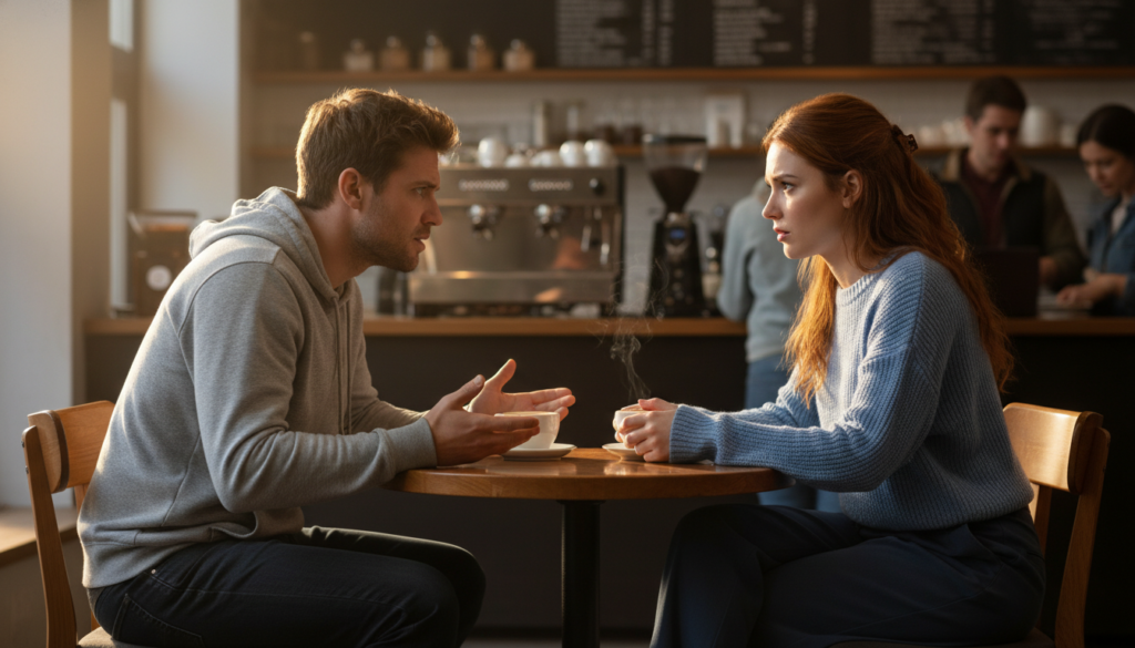 A tense scene depicting a confrontational moment between two friends in a well-lit coffee shop. In the foreground, a male and female friend, both in modest casual attire, sit across from each other at a round table, their facial expressions conveying frustration and concern. The middle ground shows a steaming coffee cup between them, symbolizing the warmth of their friendship now strained. The background is softly blurred, revealing other patrons engrossed in their conversations, creating an atmosphere of communal tension. The lighting is warm, casting gentle shadows that emphasize the emotions in the scene. The mood is charged, conveying the underlying issues in friendships, highlighting signs of conflict and the importance of clear communication.