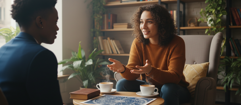 A thoughtful Gemini person sitting in a cozy, stylish coffee shop, engaging deeply in conversation with a friend, symbolizes loyalty and trust. The foreground features the Gemini individual, a young adult of ambiguous ethnicity, dressed in smart casual attire, exuding warmth and openness. In the middle, a small table holds steaming cups of coffee and a star chart, representing their astrological interests, while their attentive friend listens intently. The background reveals a softly lit, inviting environment with warm hues, showcasing bookshelves filled with astrology texts and plants, enhancing the atmosphere of contemplation. The lighting is soft and natural, creating an intimate mood that reflects genuine connection and loyalty. Shot from a slightly low angle to convey depth and focus on their expressions, the image captures a moment of trust between them.