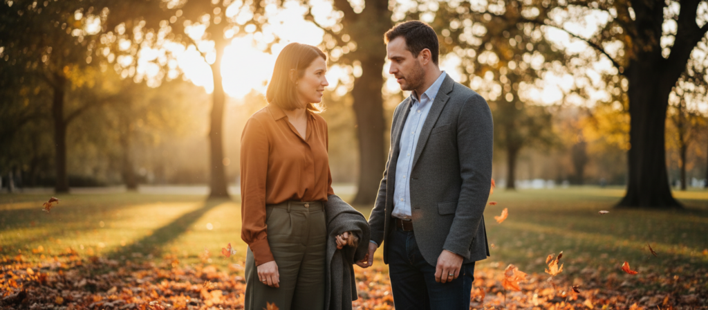 A thoughtful couple engaged in a deep conversation, standing in a serene park during the golden hour of sunset. The foreground showcases their earnest expressions, as they lean in closer, revealing a subtle contrast of emotions—introspection and connection. The woman, wearing a stylish yet professional outfit in earthy tones, exudes warmth; the man in casual business attire with a hint of vulnerability. In the middle ground, colorful autumn leaves swirl gently around them, adding a touch of romance and depth to the scene. The background features a soft-focus view of trees illuminated by the setting sun, casting a warm, inviting glow that enhances the intimate atmosphere. The mood conveys a blend of emotional depth and hopefulness, reflecting the idea of building a better understanding and connection in love.