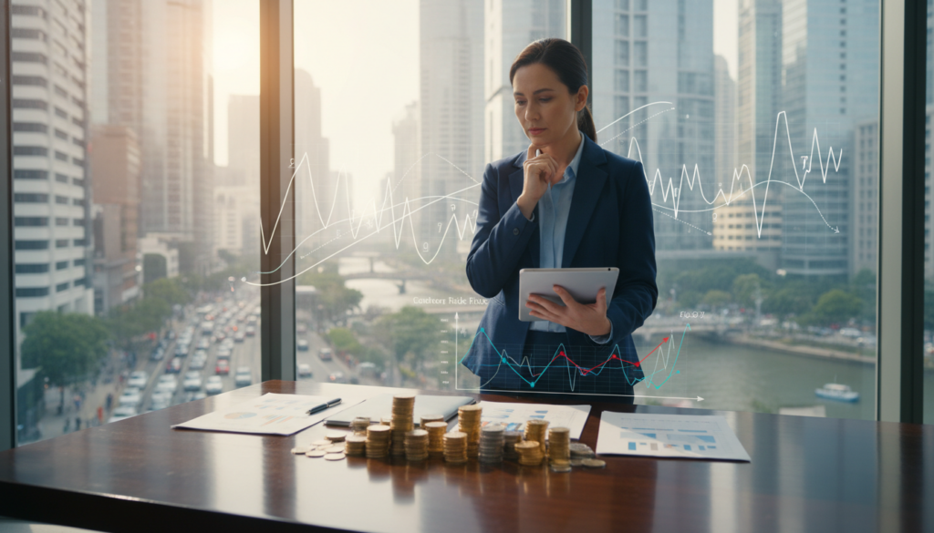 A thoughtful financial advisor in professional attire stands at a sleek, modern desk cluttered with stacks of coins and financial reports, embodying a sense of careful deliberation. In the middle ground, an elegant graph with fluctuating lines indicates risks and trends in business. The background features a large window displaying a bustling cityscape, suggesting dynamic financial opportunities and challenges. Soft, natural light filters through, creating a balanced, warm atmosphere. The angle captures a sense of focus and seriousness, as if the advisor is contemplating key financial decisions. The overall mood is one of prudence and grounded realism, illustrating the balance between risk and reward in financial management.
