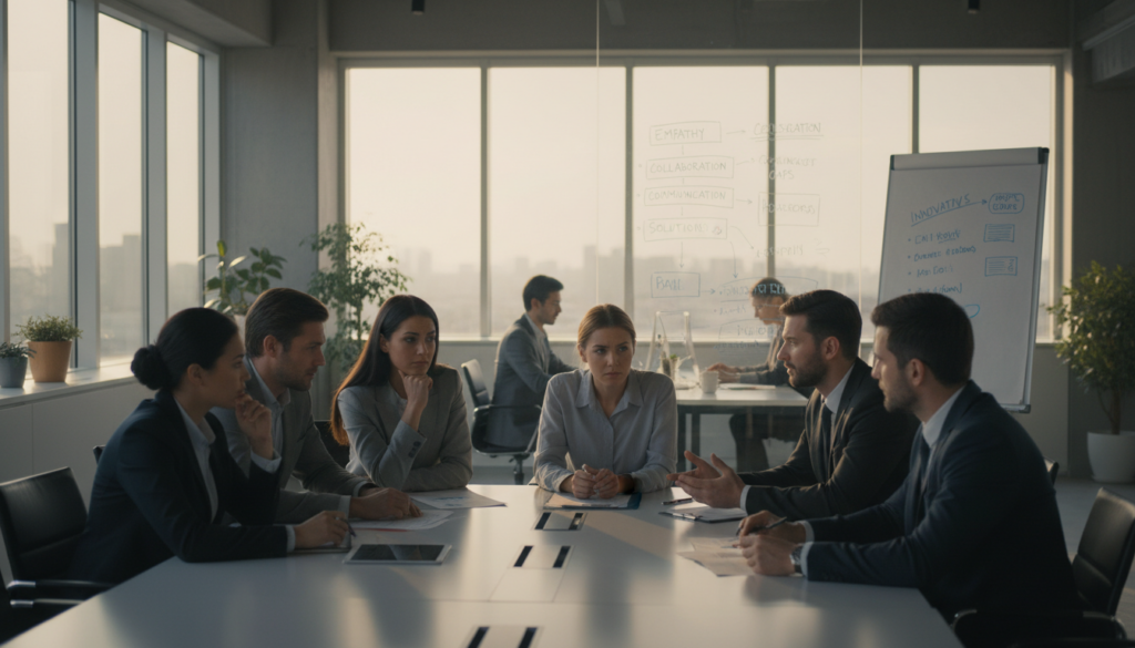 A thoughtful, professional scene depicting the challenges faced by Pisces in a workplace setting. In the foreground, a diverse group of employees dressed in business attire discusses a project around a conference table, their expressions showing varying degrees of concern and contemplation. The middle ground features elements of a modern office, with large windows allowing warm, natural light to flood the space, creating a relaxed yet focused atmosphere. In the background, a large whiteboard displays notes and ideas, symbolizing brainstorming and collaboration. The overall mood should be reflective and serious, capturing the Pisces sensitivity in professional challenges, emphasizing empathy and emotional awareness in the workplace.