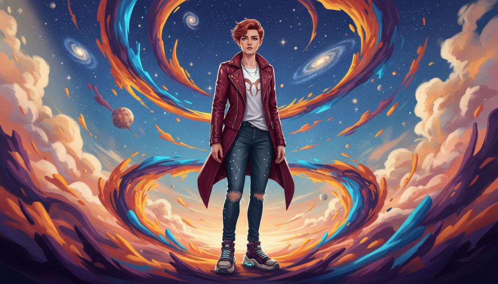 A vibrant and dynamic depiction of a young adult symbolizing the eternal adolescence of Aries, featuring a figure standing confidently in the foreground, wearing modern, stylish attire that reflects individuality. Surround them with abstract shapes and colors swirling around, representing the complexities of identity and ego. In the middle ground, include a dreamy, starry sky that conveys spirituality and the vast possibilities of personality construction. The background should have soft, ethereal clouds blending into warm tones, instilling a sense of hope and self-discovery. Use soft, ambient lighting from the upper left, giving the scene a magical glow, while maintaining a slight vignette to center the focus on the figure. The overall atmosphere should feel uplifting and introspective, inviting viewers to reflect on their own identities.