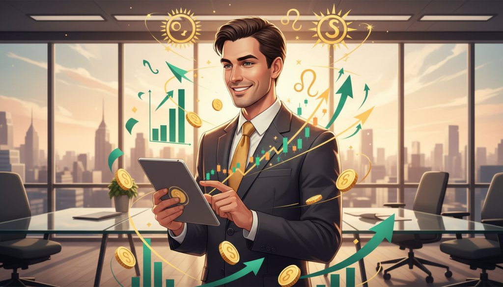 A vibrant and dynamic digital illustration capturing the financial strengths of Leo individuals. In the foreground, a confident person dressed in professional business attire, smiling and examining financial charts on a tablet. Their posture exudes determination and optimism. In the middle ground, golden astrological symbols and financial elements like coins and graphs intertwine, symbolizing prosperity and confidence. The background features a bright office space with large windows letting in warm, ambient sunlight, creating a welcoming atmosphere. The scene is skillfully framed with a focal point on the person and their interaction with the financial tools, highlighting themes of success and ambition, all rendered in rich, gold and green tones to evoke feelings of wealth and stability.