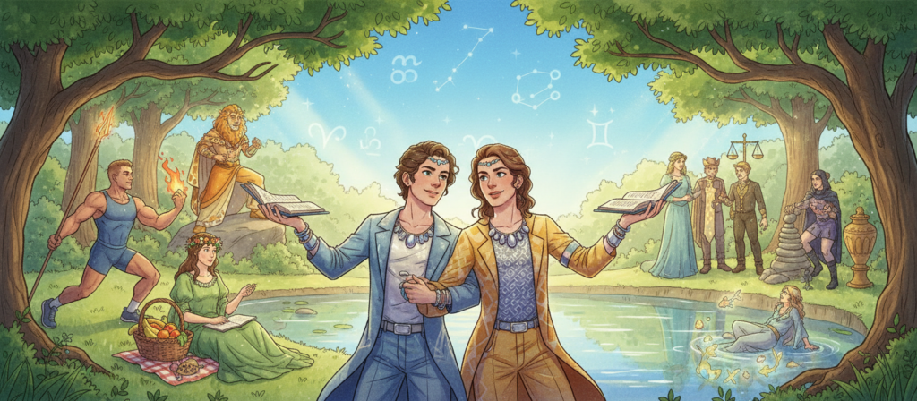 A vibrant and dynamic illustration depicting the twelve zodiac signs personified as diverse individuals in a serene park setting, focusing particularly on Gemini. In the foreground, a twin-themed character embodies Gemini's duality, wearing a stylish, modern outfit, and expressing curiosity through body language. Surrounding them, other characters representing the signs are engaged in various activities that symbolize their traits—Aries is bold and energetic, Taurus is calm and grounded, and so on. The middle ground features lush green trees and a tranquil pond, with soft sunlight filtering through the leaves, creating a warm and inviting atmosphere. The background includes a clear blue sky, enhancing the sense of harmony and interconnectedness among the signs. The lighting is soft and flattering, evoking a sense of introspection and growth.