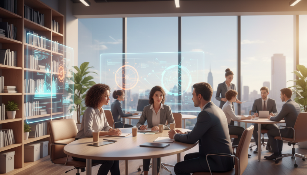 A vibrant and dynamic office environment showcasing a diverse group of professionals engaged in collaborative work. In the foreground, a confident woman and a focused man discuss ideas at a sleek conference table, surrounded by colorful charts and glowing screens that symbolize energy and purpose. The middle ground features a bright, sunny window revealing a city skyline, representing ambition and growth. The background includes shelves lined with books and plants, enhancing the atmosphere of creativity and inspiration. Soft, warm lighting fills the space, creating an inviting and motivating ambiance. The arrangement conveys a sense of teamwork and alignment with personal goals, reflecting Leo's strengths in leadership and purpose without indulging in drama.