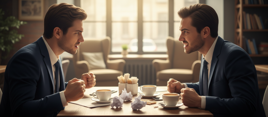 A vibrant and emotionally charged scene capturing the essence of "common triggers of drama in Gemini relationships." In the foreground, two individuals in professional business attire convey strong emotions, one showing frustration while the other displays an intense expression of passion. Their body language suggests a looming conflict, highlighting the duality of Gemini nature. In the middle ground, a softly blurred coffee shop table symbolizes a social setting, surrounded by notes and coffee cups to imply conversation and connection. The background features a cozy café environment with warm lighting casting gentle shadows, enhancing the mood of tension and intensity. The overall atmosphere is charged with anticipation, showcasing the complexity of Gemini's relationships.