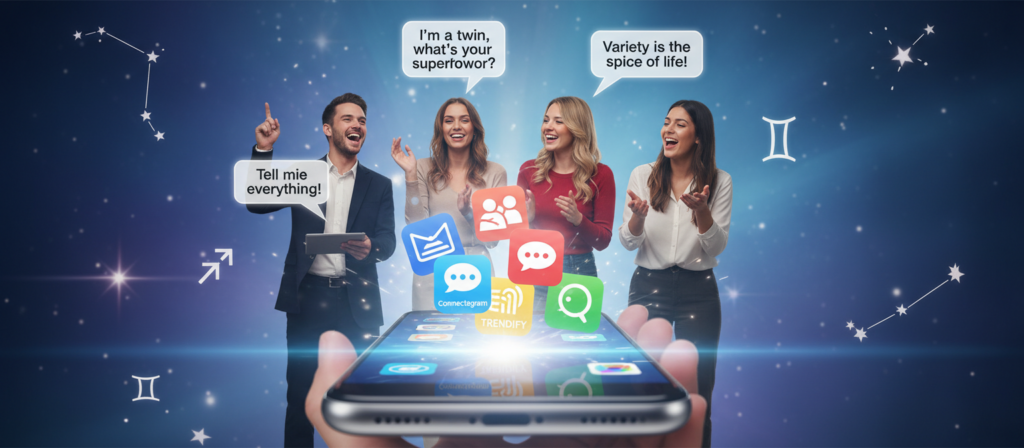 A vibrant and engaging social media scene featuring various elements that represent Gemini characteristics. In the foreground, showcase a sleek smartphone displaying colorful social media icons, symbolizing interaction. In the middle, a diverse group of young adults, dressed in smart casual attire, are interacting enthusiastically, sharing snippets of text highlighting famous Gemini phrases. The background is filled with a soft gradient of blues and purples, giving a cosmic feel that reflects Gemini's air element. Subtle twinkling stars and constellations can be seen, adding a mystical touch. The lighting is bright and cheerful, conveying a sense of excitement and engagement, with a shallow depth of field focusing on the smartphone and the people's joyful expressions. The overall mood is lively and dynamic, perfect for capturing the essence of social media interaction.