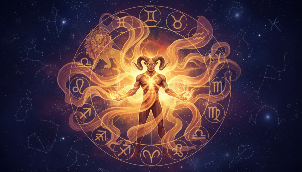 A vibrant and harmonious gathering of the zodiac signs surrounding Aries, symbolizing their energetic compatibility. In the foreground, a stylized Aries figure, characterized by spirited horns, stands confidently, radiating fiery energy. The middle ground features ethereal representations of compatible signs like Leo and Sagittarius in warm colors, integrated in a flowing, celestial pattern that signifies balance. The background showcases a starry night sky with constellations of the zodiac in soft glows, enhancing the mystical atmosphere. The lighting is ambient with golden and orange hues, casting gentle highlights on the figures, creating a inspirational and uplifting mood. The composition focuses on a dynamic yet serene representation of astrological synergy, inviting viewers to connect with the energy of Aries and their cosmic allies.