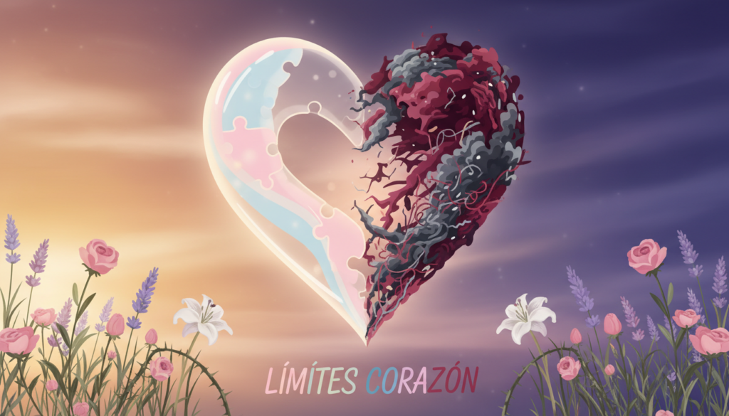A vibrant and symbolic representation of "límites corazón," featuring a large heart at the center of the image, divided into two distinct halves. One side represents clarity, depicted with clean lines and soft, warm colors like pastel pinks and blues, symbolizing understanding and openness. The other side represents chaos, with jagged edges and darker colors like deep reds and purples, suggesting miscommunication and emotional turmoil. In the foreground, delicate flowers symbolize growth and boundaries, while the background fades into a gradient sky, transitioning from dawn to dusk, evoking a sense of hope and transition. The lighting is soft, with a warm glow illuminating the heart, creating an inviting yet introspective atmosphere, inviting viewers to reflect on the importance of setting boundaries in relationships.