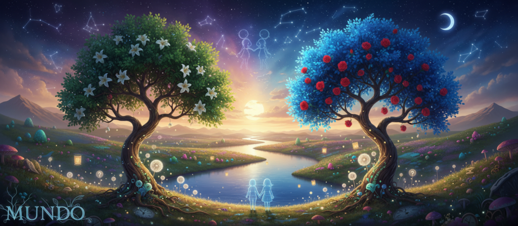 A vibrant and whimsical world representing "mundo," filled with ethereal elements that symbolize duality and curiosity. In the foreground, a pair of intertwined trees with lush green leaves and blooming flowers, each tree representing different facets of Gemini. The middle ground features a serene river meandering through a colorful landscape, reflecting the sky’s transition from day to night, symbolizing the twins' dual nature. In the background, a starry sky filled with twinkling stars and a crescent moon, enhancing the mystical atmosphere. Golden hour lighting bathes the entire scene, creating a warm and inviting glow. The mood is playful yet introspective, capturing the essence of friendship, plans, and the mystery associated with Gemini.