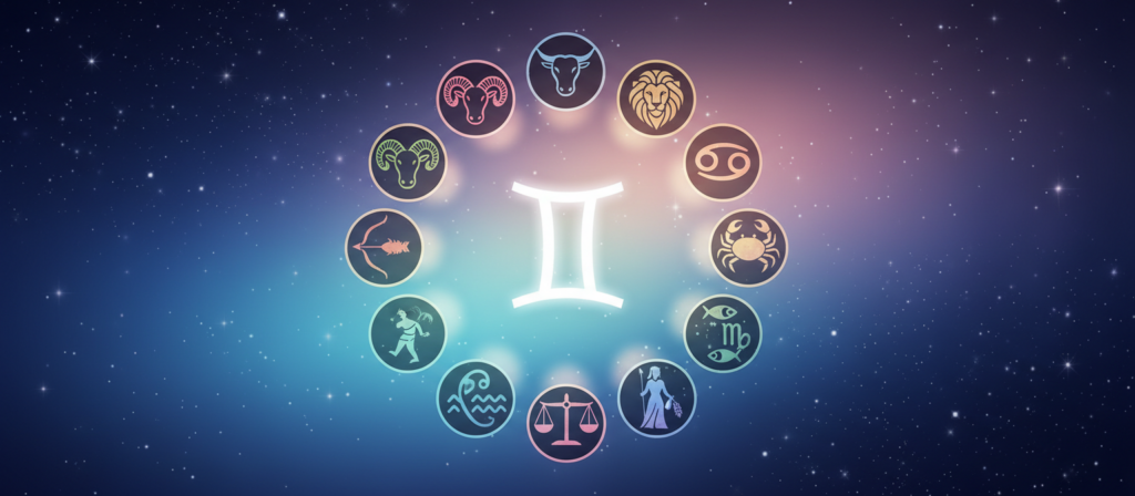A vibrant astrological illustration depicting the compatibility of Gemini with each zodiac sign. In the foreground, a colorful Gemini symbol is central, surrounded by the twelve zodiac signs, each represented by unique, artistic icons. The middle layer showcases a subtle gradient background, transitioning from deep blues to soft pastels, symbolizing the cosmic universe. In the background, a starry sky with twinkling stars adds depth and intrigue. The lighting is soft but radiant, creating an enchanting atmosphere. A balanced composition, harmonizing the symbols with the celestial backdrop, invites viewers into the world of astrology. The entire scene evokes a sense of curiosity and connection, perfect for exploring zodiac compatibility. No text or watermarks should be included. A vibrant astrological illustration depicting the compatibility of Gemini with each zodiac sign. In the foreground, a colorful Gemini symbol is central, surrounded by the twelve zodiac signs, each represented by unique, artistic icons. The middle layer showcases a subtle gradient background, transitioning from deep blues to soft pastels, symbolizing the cosmic universe. In the background, a starry sky with twinkling stars adds depth and intrigue. The lighting is soft but radiant, creating an enchanting atmosphere. A balanced composition, harmonizing the symbols with the celestial backdrop, invites viewers into the world of astrology. The entire scene evokes a sense of curiosity and connection, perfect for exploring zodiac compatibility. No text or watermarks should be included.