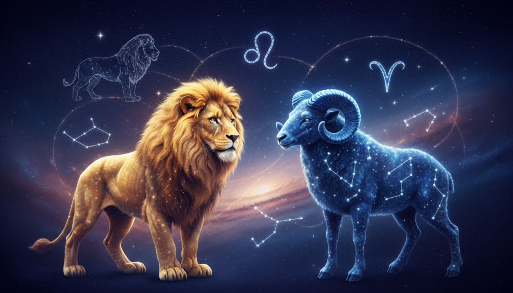 A vibrant cosmic scene illustrating the astrological signs Leo and Aries, depicted as two celestial lions and rams, symbolizing connection and compatibility. In the foreground, a majestic lion with a golden mane stands confidently, gazing at a spirited ram showcasing its powerful horns, both surrounded by a glow of heavenly light. The middle ground features a starry night sky filled with constellations that represent Leo and Aries, casting a gentle luminescence over the figures. In the background, a soft gradient of deep blue and purple evokes a dreamy atmosphere, symbolizing the mystical bonds of karmik connections. The lighting is warm and inviting, creating a sense of harmony and understanding. Emphasize a whimsical yet serene mood, inviting viewers to explore the deep connections between these two zodiac signs.