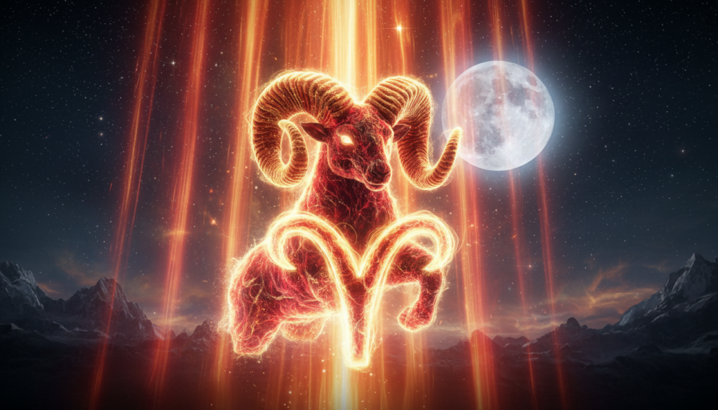 A vibrant, ethereal representation of spiritual energy associated with Aries. In the foreground, a glowing ram symbol, depicted with intricate, swirling patterns that evoke movement and dynamism. The middle ground features soft, radiant beams of fiery orange and red hues, symbolizing passion and assertiveness, softly blending with hints of gold to reflect enlightenment. In the background, a celestial landscape filled with twinkling stars and a full moon, casting a serene light across the scene. The atmosphere should feel uplifting and inspiring, with a mystical glow surrounding the ram symbol. The lighting is dramatic, highlighting the energy's vibrancy, captured from a slightly low angle to emphasize the sense of upward movement and aspiration.