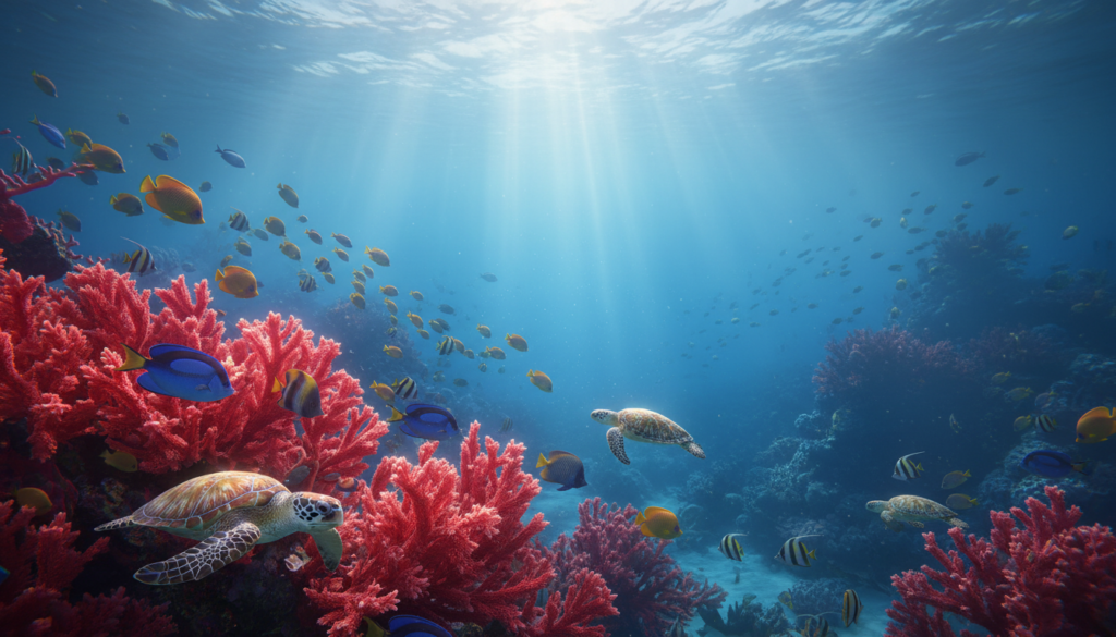 A vibrant image of red coral, symbolizing courage, set in an ethereal underwater scene. In the foreground, intricately detailed red coral formations display textures akin to flames, surrounded by a diverse array of marine life, showcasing bright fish and gentle sea turtles. The middle ground features soft, diffused sunlight penetrating the water, creating a shimmering, magical effect on the coral. In the background, shadows of deeper ocean blues add depth, hinting at the mysterious world beyond. The atmosphere is spiritually serene, evoking feelings of bravery and clarity, with a gentle current creating a sense of movement. The overall composition captures the essence of strength and energy associated with the color red, inspired by Mars and the spiritual guidance of angel Malahidael, with a soft focus for a dreamy quality.