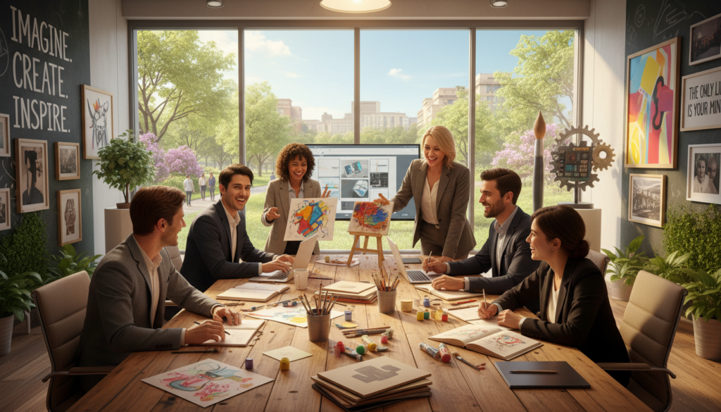 A vibrant office environment showcasing the theme of creativity in the workplace. In the foreground, a diverse group of professionals in smart business attire collaborates around a large table filled with colorful art supplies, notebooks, and digital devices. They are animatedly discussing ideas, symbolizing teamwork and innovation. In the middle ground, a large window reveals a bright, sunny day with greenery outside, uplifting the mood. In the background, inspirational artwork adorns the walls, emphasizing artistic expression. The lighting is warm and inviting, giving a sense of optimism. The angle is slightly elevated, capturing the dynamic interactions among the team and the creative atmosphere of the workspace.