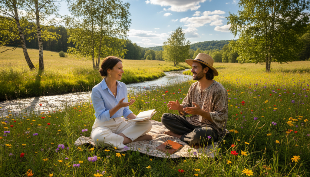 A vibrant scene depicting a Libra and Sagittarius engaging in a deep conversation outdoors, surrounded by lush greenery and colorful wildflowers. In the foreground, the two individuals, a Libra wearing a smart casual outfit and a Sagittarius in a relaxed, stylish ensemble, are seated comfortably on a picnic blanket, sharing ideas and laughter. The middle ground features gently swaying trees and a sparkling stream, symbolizing the flow of ideas. The background offers a bright blue sky with fluffy white clouds, conveying a sense of openness and adventure. Soft sunlight filters through the leaves, creating a warm and inviting atmosphere that encourages connection. Capture this moment from a slightly elevated angle to emphasize the interaction and the surrounding beauty.