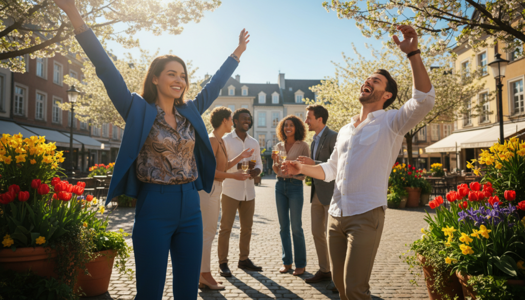 A vibrant scene depicting a group of diverse individuals in a lively outdoor setting, exuding enthusiasm and optimism. In the foreground, a young woman in professional business attire beams with joy, her arms raised in excitement. Beside her, a man in smart casual clothing shares a hearty laugh, radiating energy. In the middle ground, a small gathering of friends engages in animated conversation, all celebrating a sunny day, surrounded by colorful flowers and greenery. In the background, a clear blue sky enhances the cheerful atmosphere, with soft sunlight filtering through the leaves. Capture this moment from a slightly elevated angle to emphasize the group's camaraderie, creating a warm and uplifting mood that embodies the spirit of Aries.