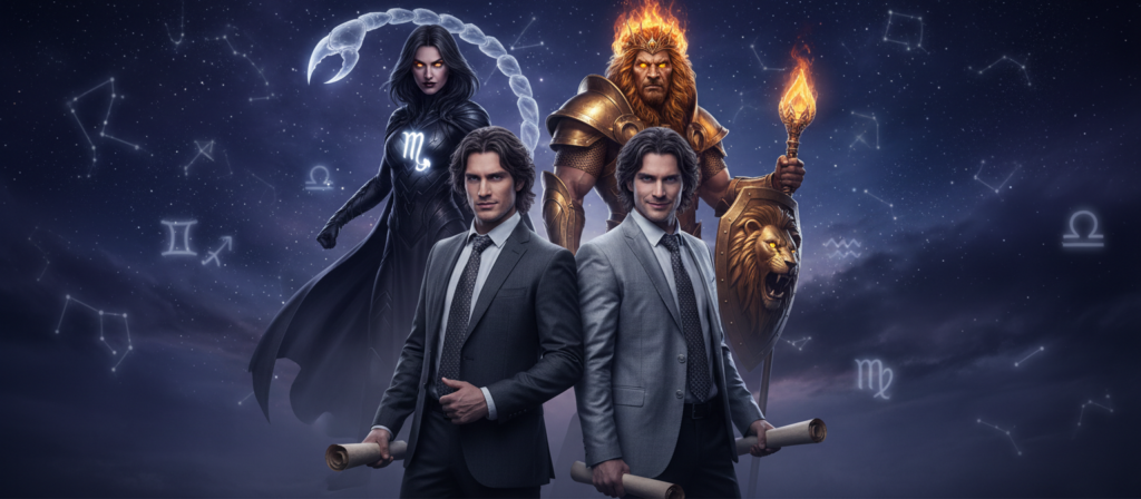 A vibrant zodiac scene featuring the astrological signs in a comparative layout. In the foreground, depict Gemini, represented by twins, with a thoughtful yet mischievous expression, dressed in professional attire. In the middle ground, position the most vengeful zodiac signs like Scorpio and Leo with fierce looks, showcasing their distinct symbols and characteristics. The background should feature a cosmic night sky with shimmering stars and subtle astrological symbols glowing softly. The lighting should create a mystical atmosphere, highlighting the contrasts between the signs, with a slight emphasis on shadows to intensify the mood. Capture the composition from a slightly elevated angle to bring focus to the signs while maintaining a depth that invites viewers into this astrological world.