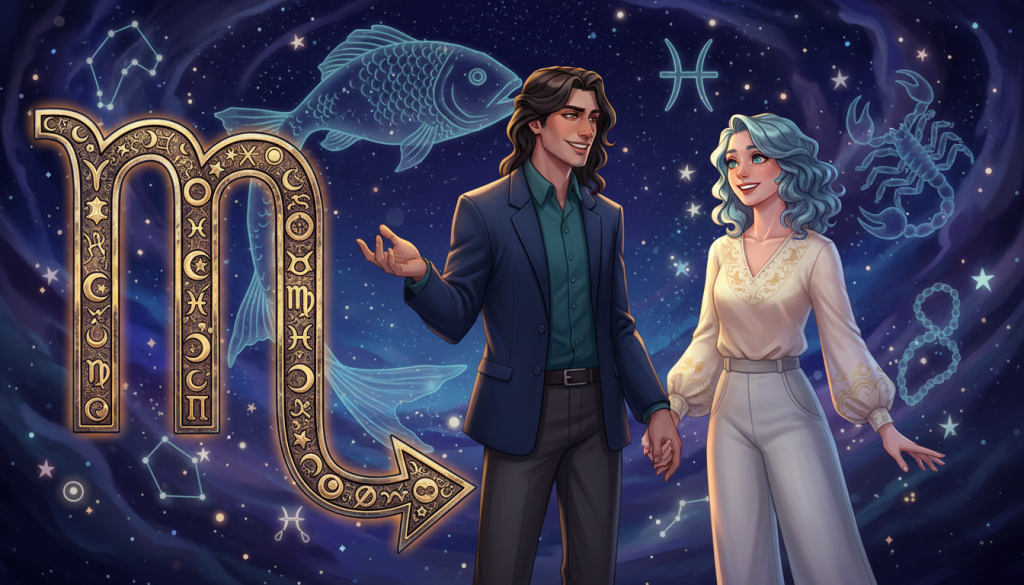 A visually captivating illustration depicting the concept of zodiac sign compatibility, focusing specifically on Scorpio's friendships. In the foreground, create a large Scorpio symbol adorned with intricate designs and astrological motifs. In the middle ground, show two diverse figures representing Scorpio and a compatible sign, such as Pisces, joyfully interacting in a friendly manner, dressed in professional yet casual attire. In the background, incorporate a celestial night sky filled with stars and constellations, suggesting a mystical atmosphere. Use soft, warm lighting to evoke a sense of camaraderie and connection, ensuring the scene feels inviting. Aim for an illustration that feels both harmonious and vibrant, inviting viewers to explore the themes of friendship and compatibility among zodiac signs.