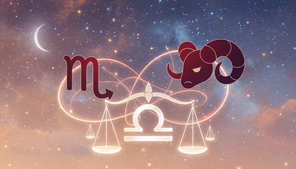 A visually captivating scene representing astrological compatibility, focusing on Libra's relationship with jealous signs. In the foreground, a serene Libra symbol, elegantly balanced, surrounded by delicate scales, symbolizing harmony. In the middle ground, stylized zodiac signs like Scorpio and Aries appear, depicted with subtle expressions of jealousy, yet interacting amicably with Libra. The background features a starry night sky filled with twinkling stars and a crescent moon, casting soft, mystical lighting over the scene. The overall mood conveys an intriguing blend of tension and harmony, showcasing the complexities of astrological relationships in a thoughtful, artistic manner. The image should have a soft focus with a warm color palette, emphasizing the emotional nuances of compatibility without explicit references to conflict.