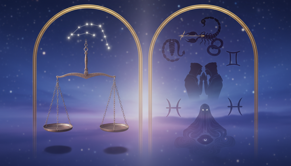 A visually striking comparison of the astrological sign Libra with other signs symbolizing manipulation, framed elegantly. In the foreground, depict Libra's scales balanced harmoniously, with symbols of other signs like Scorpio, Gemini, and Pisces in contrasting poses featuring shadowy, cunning traits. In the middle ground, illustrate a celestial backdrop showcasing stars and constellations that represent each sign, with Libra's constellation glowing brightly. The background should be a gradient of deep blue and purple, evoking a mystical evening sky with ethereal lighting illuminating the scene. The mood is both contemplative and intriguing, drawing the viewer into the analysis of astrological manipulation. Aim for a cinematic perspective using a soft focus lens to create a dreamlike atmosphere, devoid of any text or branding elements.