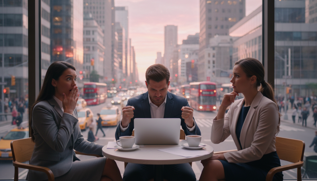 A visually striking composition depicting daily life triggers for Libra personalities, focusing on emotional drama. In the foreground, a diverse group of three individuals dressed in professional business attire, each expressing different emotions: surprise, frustration, and contemplation, interacting with one another in an urban café setting. The middle ground features a busy street, with vibrant city life and activity, symbolizing the external pressures that can lead to heightened emotions. In the background, soft pastel colors of a sunset sky reflect on the buildings, creating a warm, introspective atmosphere. Use soft, diffused lighting to enhance the emotional depth of the scene, captured from a slightly elevated angle to include both the foreground characters and the bustling street life beyond. The overall mood conveys tension and reflection, embodying the essence of everyday triggers that can intensify a Libra's dramatic tendencies. A visually striking composition depicting daily life triggers for Libra personalities, focusing on emotional drama. In the foreground, a diverse group of three individuals dressed in professional business attire, each expressing different emotions: surprise, frustration, and contemplation, interacting with one another in an urban café setting. The middle ground features a busy street, with vibrant city life and activity, symbolizing the external pressures that can lead to heightened emotions. In the background, soft pastel colors of a sunset sky reflect on the buildings, creating a warm, introspective atmosphere. Use soft, diffused lighting to enhance the emotional depth of the scene, captured from a slightly elevated angle to include both the foreground characters and the bustling street life beyond. The overall mood conveys tension and reflection, embodying the essence of everyday triggers that can intensify a Libra's dramatic tendencies.