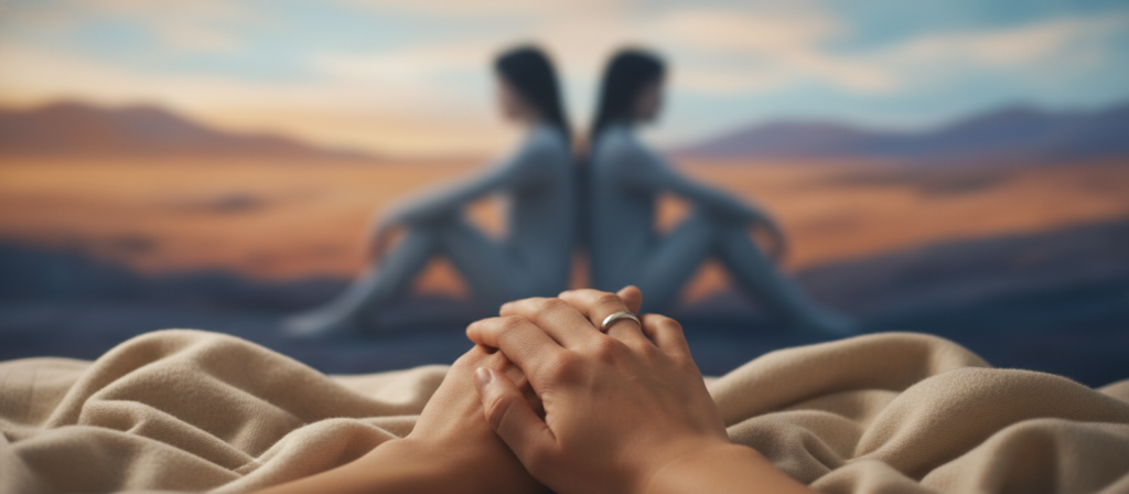 A visually striking depiction of "necesidad," showcasing a pair of intertwined hands reaching for each other, symbolizing longing and emotional intensity. In the foreground, capture the hands adorned with simple, elegant rings, set against a soft fabric backdrop that suggests warmth and comfort. In the middle ground, include delicate, blurred silhouettes of two featureless figures sitting back-to-back, representing connection and disconnection. The background should feature a hazy, dreamlike landscape, with gentle hues of orange and blue, evoking a sense of yearning and complexity in love. Use soft, diffused lighting to create an intimate atmosphere, with a shallow depth of field to draw focus to the hands, while the overall composition conveys a poignant mix of passion and need.