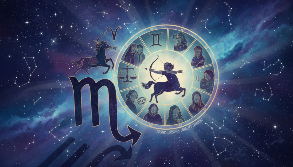 A visually striking illustration depicting the concept of "signs of infidelity" in an astrological context, set against a cosmic background filled with stars and constellations. In the foreground, a shadowy silhouette of a Scorpio symbol, intertwined with symbolic representations of other zodiac signs known for infidelity, like Gemini and Sagittarius. The middle ground features twelve zodiac wheel segments, each adorned with artistic interpretations of their traits – some exhibiting longing or secretive expressions. The background should shimmer with a night sky, emphasizing a sense of mystery and intrigue, with soft, ethereal lighting creating a dreamlike ambiance. A cinematic angle, slightly tilted, adds tension and depth, inviting viewers to ponder the complexities of loyalty and infidelity among zodiac signs.