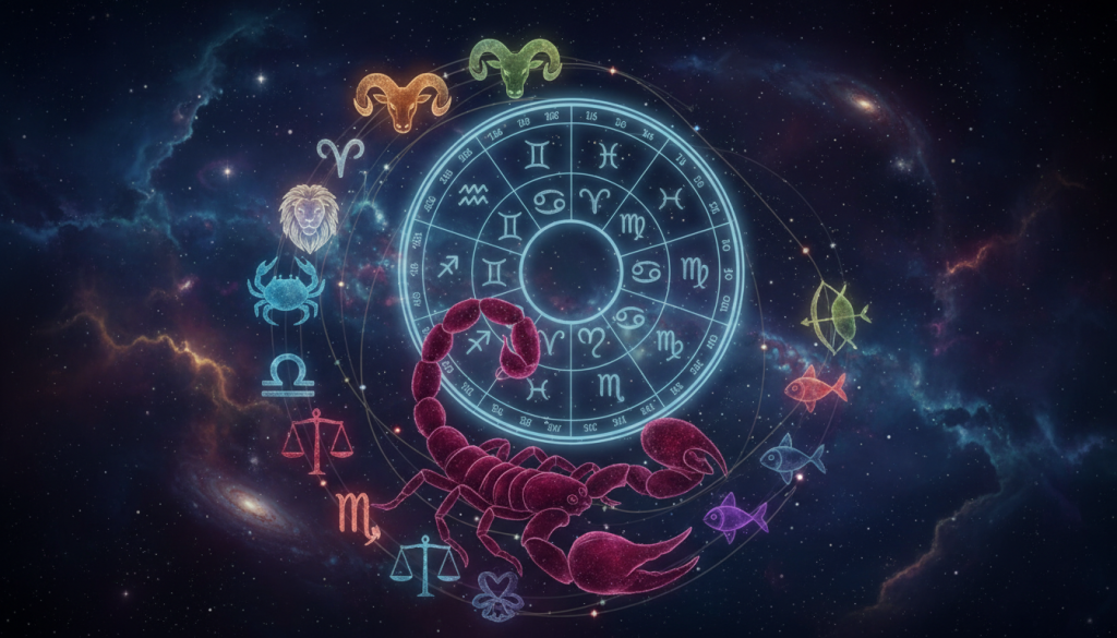 A visually striking illustration depicting the zodiac sign Scorpio in a vibrantly cosmic setting. In the foreground, an artistic representation of Scorpio with its iconic scorpion symbol, elegantly intertwined with other zodiac signs: Aries, Taurus, Gemini, etc., arranged in a ranking format from most to least compatible with Scorpio. The middle ground features a starlit horoscope wheel with twinkling stars and constellations glowing softly. In the background, a deep space scene with swirling galaxies and nebulas enhances the mystical atmosphere. Soft, ethereal lighting casts a serene glow, inviting an astrological exploration. The mood is contemplative and intriguing, ideal for conveying the nuances of zodiac compatibility without any text or distractions.