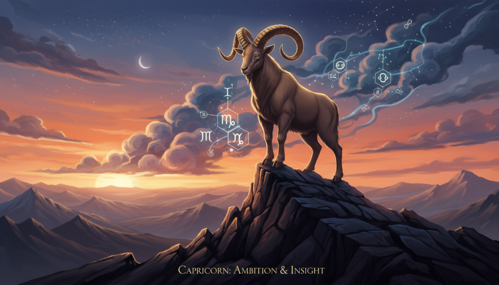 A visually striking illustration of the Capricorn zodiac sign, represented by a majestic mountain goat standing on a rocky cliff, symbolizing ambition and perseverance. In the foreground, the goat’s powerful stance exudes control and confidence, with its sharp horns glistening in the sunlight. The middle layer features ethereal wisps of smoke intertwining with subtle astrological symbols that hint at manipulation and cunning strategies. The background showcases a dramatic sunset, casting warm oranges and deep purples across the sky, creating a serene yet intense atmosphere. Soft, diffused lighting highlights the main subject while shadows add depth, lending the image an air of mystery. The overall mood conveys a sense of introspection and insight into the manipulative nature of Capricorn, distinct from other zodiac signs.