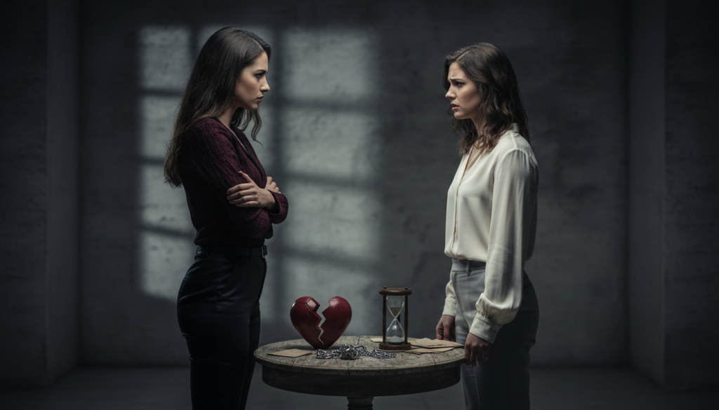A visually striking scene that captures the complex emotions of jealousy, control, and resentment in friendships with Scorpio. In the foreground, two friends stand facing each other, one with a tense expression, arms crossed, wearing a dark outfit that conveys intensity. The other, wearing lighter clothing, appears concerned, with a furrowed brow, highlighting the emotional struggle. In the middle ground, a small table cluttered with symbolic items, like a broken heart and an hourglass, representing time and unresolved issues. The background features a dimly lit room with shadows casting over the walls, creating a moody atmosphere. Soft, low-key lighting emphasizes the tension, while a shallow depth of field draws focus to the friends’ expressions, enhancing the emotional depth of the scene.